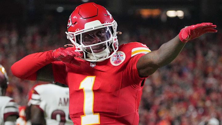 Oct 27, 2025; Kansas City, Missouri, USA; Kansas City Chiefs wide receiver Xavier Worthy (1) celebrates after a play against the Washington Commanders during the first quarter of the game at GEHA Field at Arrowhead Stadium. Mandatory Credit: Denny Medley-Imagn Images