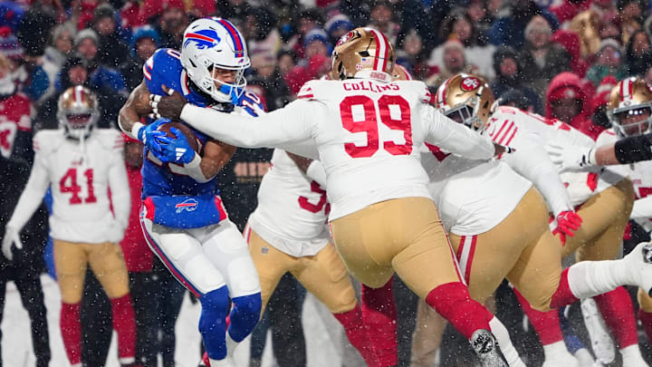 Dec 1, 2024; Orchard Park, New York, USA; San Francisco 49ers defensive tackle Maliek Collins (99) tackles Buffalo Bills wide receiver Khalil Shakir (10) during the first half at Highmark Stadium. Mandatory Credit: Gregory Fisher-Imagn Images
