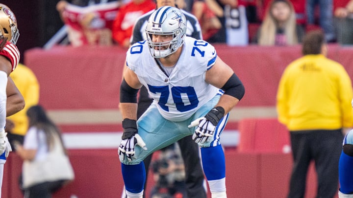 October 8, 2023; Santa Clara, California, USA; Dallas Cowboys guard Zack Martin (70) during the first quarter against the San Francisco 49ers at Levi's Stadium.