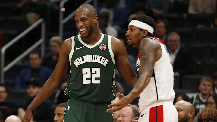 Oct 13, 2019; Washington, DC, USA; Washington Wizards guard Bradley Beal (3) gestures after being called for a foul as Milwaukee Bucks forward Khris Middleton (22) laughs in the third quarter at Capital One Arena. Mandatory Credit: Geoff Burke-Imagn Images Oct 13, 2019; Washington, DC, USA; Washington Wizards guard Bradley Beal (3) gestures after being called for a foul as Milwaukee Bucks forward Khris Middleton (22) laughs in the third quarter at Capital One Arena. Mandatory Credit: Geoff Burke-Imagn Images