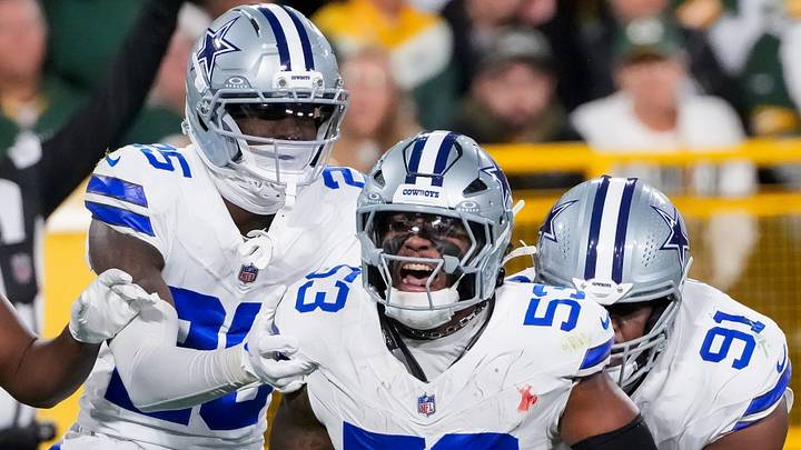 Dallas Cowboys CB Joey Porter Jr., LB Dee Winters & DT Otito Ogbonnia celebrate after Winters intercepts a pass against the Green Bay Packers. Dallas Cowboys CB Joey Porter Jr., LB Dee Winters & DT Otito Ogbonnia celebrate after Winters intercepts a pass against the Green Bay Packers.