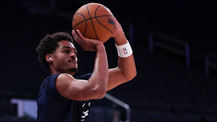 Oct 9, 2024; New York, New York, USA; Washington Wizards guard Jordan Poole (13) warms up before the game against the New York Knicks at Madison Square Garden. Mandatory Credit: Vincent Carchietta-Imagn Images