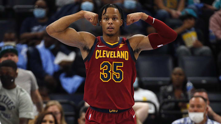 Oct 20, 2021; Memphis, Tennessee, USA; Cleveland Cavaliers guard Isaac Okoro (35) reacts after a basket against the Memphis Grizzlies during the second half at FedExForum. Mandatory Credit: Petre Thomas-Imagn Images