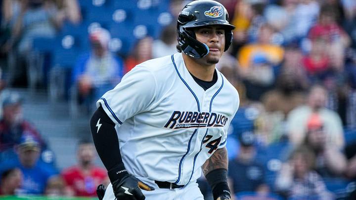Akron infielder Ralphy Velazquez (24) walks during the home opening day game against Reading, April 2, 2026, in Akron, Ohio. Akron infielder Ralphy Velazquez (24) walks during the home opening day game against Reading, April 2, 2026, in Akron, Ohio.