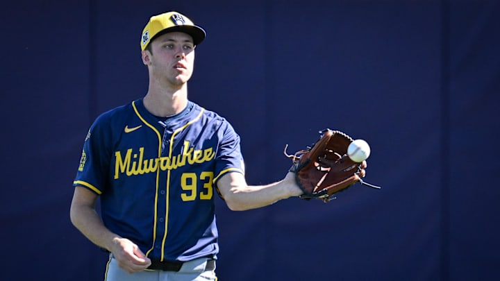 Milwaukee Brewers pitcher Jacob Misiorowski (93) plays catch during spring training workouts Saturday, February 15, 2025, at the American Family Fields of Phoenix in Phoenix, Arizona.