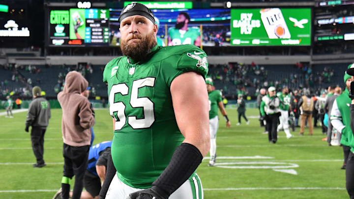 Oct 22, 2023; Philadelphia, Pennsylvania, USA; Philadelphia Eagles offensive tackle Lane Johnson (65) against the Miami Dolphins at Lincoln Financial Field. Mandatory Credit: Eric Hartline-Imagn Images