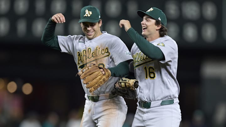 Apr 21, 2026; Seattle, Washington, USA; Athletics third baseman Max Muncy (3) first baseman Nick Kurtz (16) celebrate a win over the Seattle Mariners at T-Mobile Park. Mandatory Credit: John Froschauer-Imagn Images