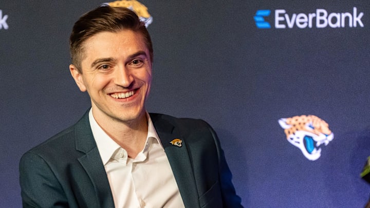 The Jacksonville Jaguars introduce General Manager James Gladstone as he smiles during a press conference Monday morning February 24, 2025 at the Miller Electric Center in Jacksonville, Fla. He was joined by owner Shad Khan, his son Director of Football Strategy Tony Khan, Head Coach Liam Coen, Executive Vice President of Football Operations Tony Boselli and team president Mark Lamping. [Doug Engle/Florida Times-Union]2025