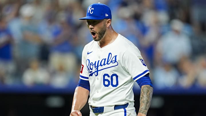 Sep 17, 2024; Kansas City, Missouri, USA; Kansas City Royals relief pitcher Lucas Erceg (60) reacts after a strikeout to end the ninth inning against the Detroit Tigers at Kauffman Stadium. Mandatory Credit: Jay Biggerstaff-Imagn Images