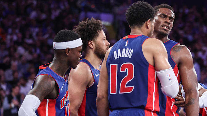  Detroit Pistons center Jalen Duren (0) is helped up by forward Tobias Harris (12) during the first round of the 2025 NBA Playoffs at Madison Square Garden.