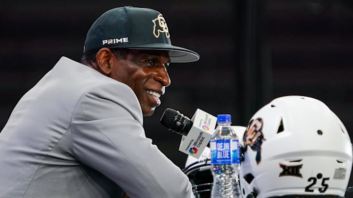 Jul 9, 2025; Frisco, TX, USA; Colorado head coach Deion Sanders speaks with the media during 2025 Big 12 Football Media Days at The Star. 