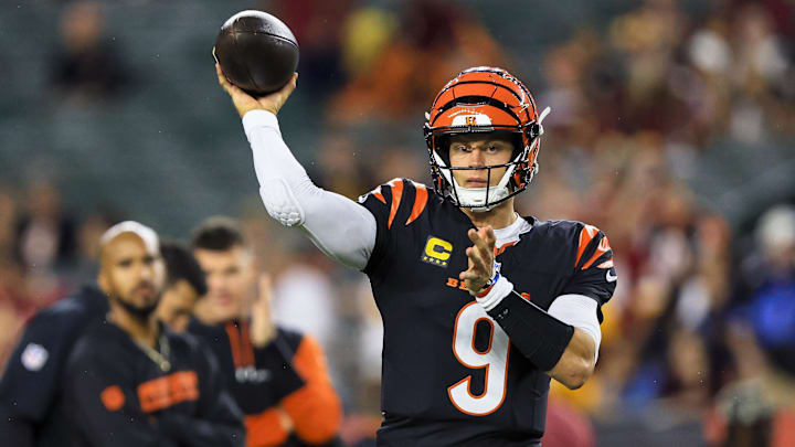 Sep 23, 2024; Cincinnati, Ohio, USA; Cincinnati Bengals quarterback Joe Burrow (9) throws a pass during warmups before the game against the Washington Commanders at Paycor Stadium. Mandatory Credit: Katie Stratman-Imagn Images Sep 23, 2024; Cincinnati, Ohio, USA; Cincinnati Bengals quarterback Joe Burrow (9) throws a pass during warmups before the game against the Washington Commanders at Paycor Stadium. Mandatory Credit: Katie Stratman-Imagn Images