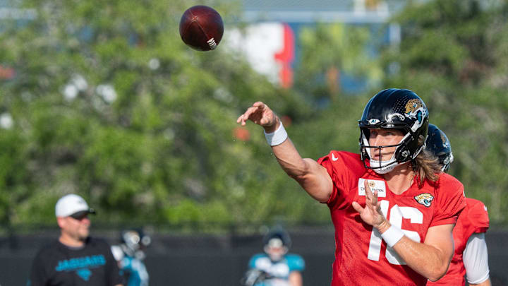 Jacksonville Jaguars quarterback Trevor Lawrence (16) passes to a receiver during the Jaguars 14th NFL training camp session at Miller Electric Center Tuesday August 12, 2025 in Jacksonville, Fla. The Jaguars travel to New Orleans to play the Saints this Sunday in their second preseason game. [Doug Engle/Florida Times-Union]