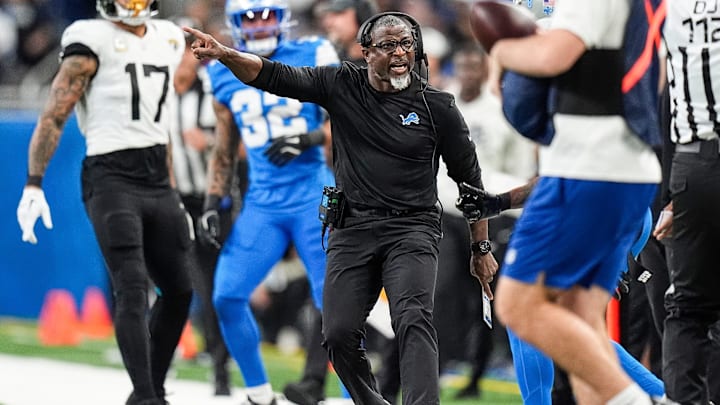 Detroit Lions defensive coordinator Aaron Glenn reacts to a play against Jacksonville Jaguars during the second half at Ford Field in Detroit on Sunday, Nov. 17, 2024.