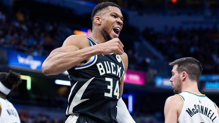 Dec 31, 2024; Indianapolis, Indiana, USA; Milwaukee Bucks forward Giannis Antetokounmpo (34) celebrates a made shot in the second half against the Indiana Pacers at Gainbridge Fieldhouse. Mandatory Credit: Trevor Ruszkowski-Imagn Images