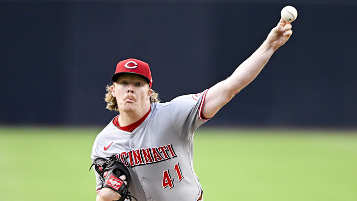 Sep 10, 2025; San Diego, California, USA; Cincinnati Reds starting pitcher Andrew Abbott (41) delivers during the first inning against the San Diego Padres at Petco Park. Mandatory Credit: Denis Poroy-Imagn Images