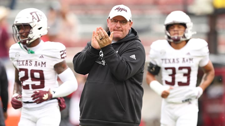 Texas A&M Aggies head coach Mike Elko before the game against the Arkansas Razorbacks at Donald W. Reynolds Razorback Stadium.