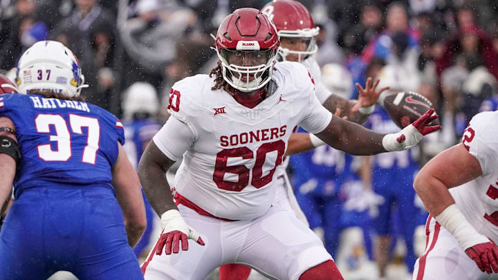 Oct 28, 2023; Lawrence, Kansas, USA; Oklahoma Sooners offensive lineman Tyler Guyton (60)