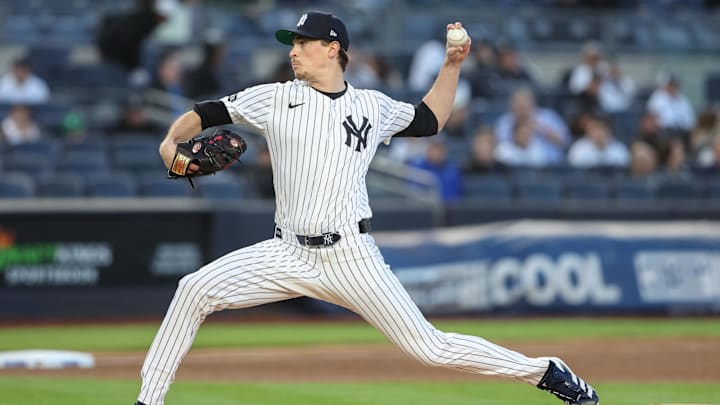 Apr 15, 2025; Bronx, New York, USA;  New York Yankees starting pitcher Max Fried (54) pitches in the first inning against the Kansas City Royals at Yankee Stadium. 