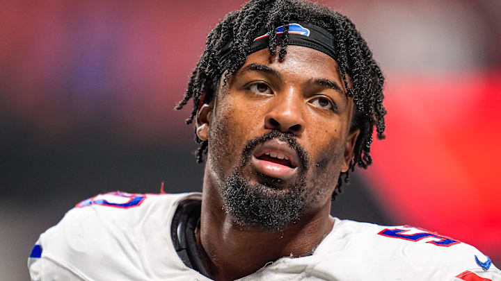 Buffalo Bills defensive end Greg Rousseau on the field against the Atlanta Falcons.