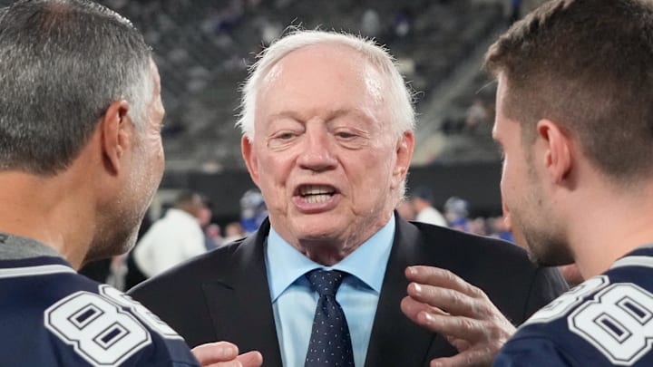 Sep 26, 2024; East Rutherford, New Jersey, USA;  Cowboys owner Jerry Jones pre game against the Giants at MetLife Stadium. Mandatory Credit: Robert Deutsch-Imagn Images