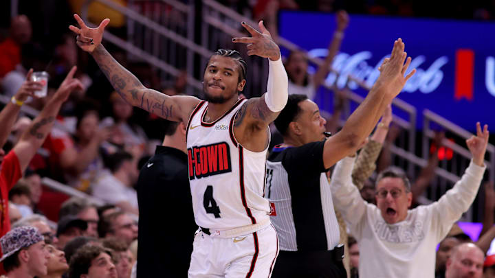 Apr 4, 2025; Houston, Texas, USA; Houston Rockets guard Jalen Green (4) reacts after a made basket against the Oklahoma City Thunder during the fourth quarter at Toyota Center. Mandatory Credit: Erik Williams-Imagn Images