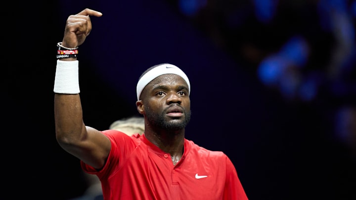 Frances Tiafoe (USA) celebrates on court as he helps Team World to win the Laver Cup. Mandatory Credit: Peter van den Berg-Imagn Images Frances Tiafoe (USA) celebrates on court as he helps Team World to win the Laver Cup. Mandatory Credit: Peter van den Berg-Imagn Images
