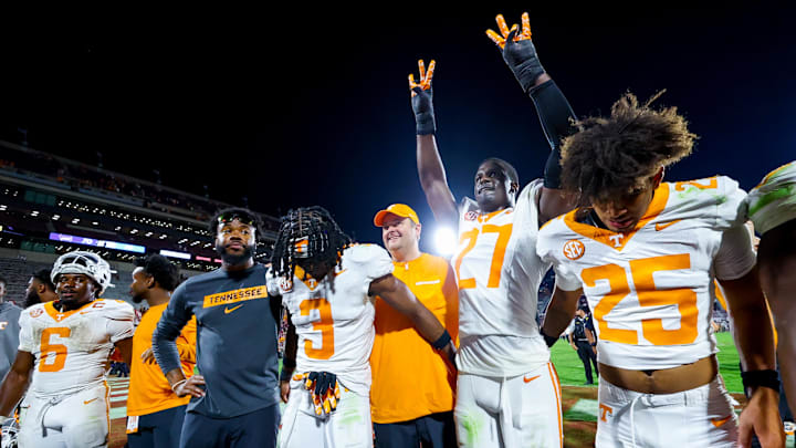 Sep 21, 2024; Norman, Oklahoma, USA;  Tennessee Volunteers head coach Josh Heupel celebrates with his team after the game against the Oklahoma Sooners at Gaylord Family-Oklahoma Memorial Stadium. Mandatory Credit: Kevin Jairaj-Imagn Images