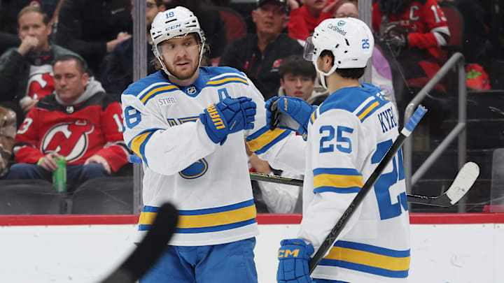 Nov 26, 2025; Newark, New Jersey, USA; St. Louis Blues center Robert Thomas (18) celebrates his goal against the New Jersey Devils during the first period at Prudential Center. Mandatory Credit: Ed Mulholland-Imagn Images Nov 26, 2025; Newark, New Jersey, USA; St. Louis Blues center Robert Thomas (18) celebrates his goal against the New Jersey Devils during the first period at Prudential Center. Mandatory Credit: Ed Mulholland-Imagn Images