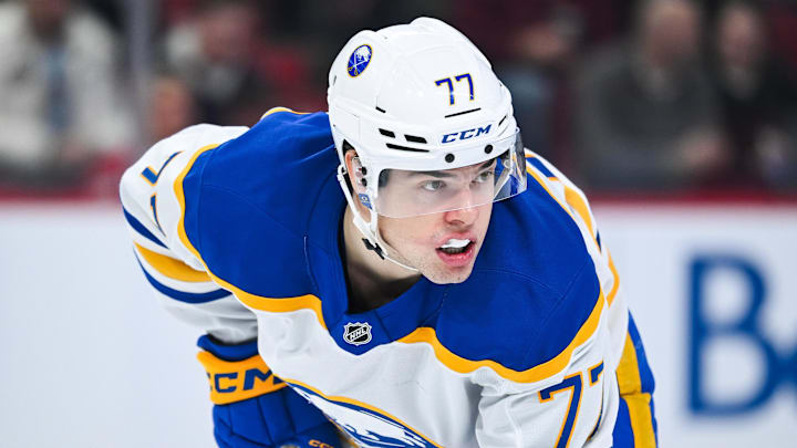Dec 17, 2024; Montreal, Quebec, CAN; Buffalo Sabres right wing JJ Peterka (77) waits for a face-off against the Montreal Canadiens during the second period at Bell Centre. Mandatory Credit: David Kirouac-Imagn Images