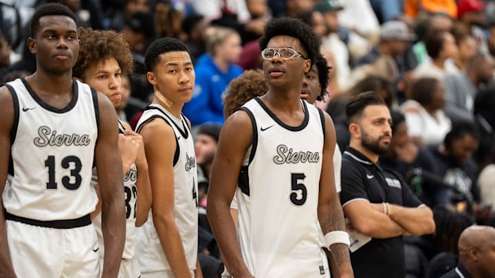 Sierra Canyon’s Bryce James (5), the son of NBA player LeBron James, stands with his teammates by the bench before the game between Sierra Canyon and Bartlett High School during Memphis Hoopfest in Eads, Tenn., on Friday, January 3, 2025.