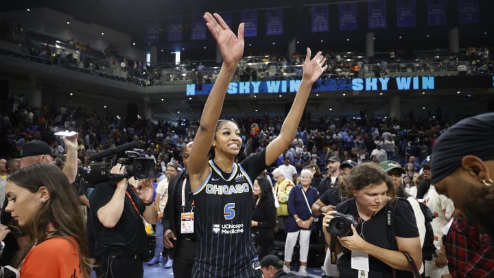 Jun 23, 2024; Chicago, Illinois, USA; Chicago Sky forward Angel Reese (5) reacts after defeating the Indiana Fever at Wintrust Arena. Mandatory Credit: Kamil Krzaczynski-USA TODAY Sports