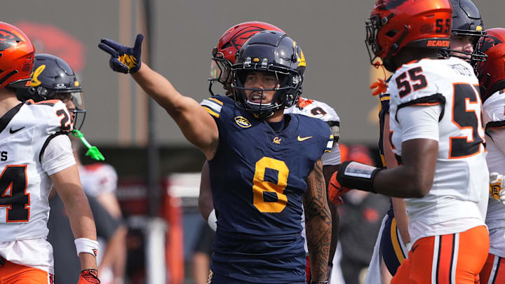 Oct 26, 2024; Berkeley, California, USA; California Golden Bears wide receiver Mikey Matthews (8) gestures after catching a pass for a first down against the Oregon State Beavers during the second quarter at California Memorial Stadium. Mandatory Credit: Darren Yamashita-Imagn Images Oct 26, 2024; Berkeley, California, USA; California Golden Bears wide receiver Mikey Matthews (8) gestures after catching a pass for a first down against the Oregon State Beavers during the second quarter at California Memorial Stadium. Mandatory Credit: Darren Yamashita-Imagn Images