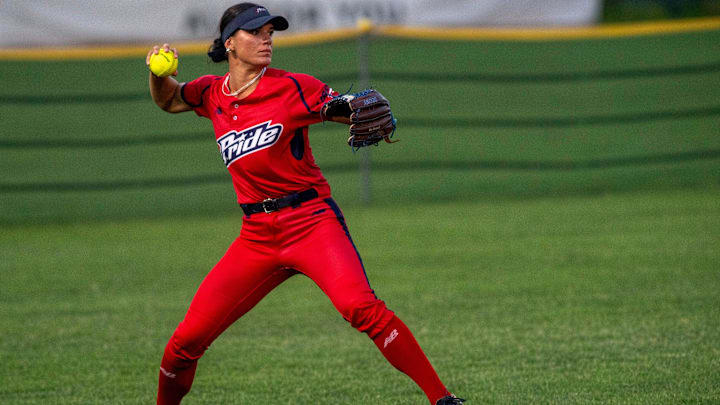 Kayla Kowalik, AUSL All-Star Cup catcher and Team Gold captain in Series 2, throws to the outfield as a member of USSSA Pride during a Women's Professional Fastpitch game against the Texas Smoke at Bosse Field on Wednesday, July 12, 2023 in Evansville, Ind. 