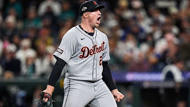 Tigers pitcher Tarik Skubal celebrates striking out Mariners catcher Cal Raleigh in the sixth inning of ALDS Game 5 at T-Mobile Park in Seattle on Friday, Oct. 10, 2025.