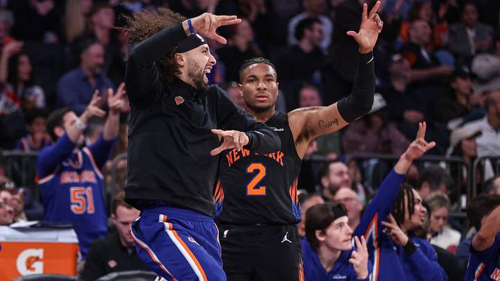 Apr 3, 2026; New York, New York, USA; New York Knicks guards Jose Alvarado (5) and Miles McBride (2) celebrate from the bench in the second quarter against the Chicago Bulls at Madison Square Garden. Mandatory Credit: Wendell Cruz-Imagn Images Apr 3, 2026; New York, New York, USA; New York Knicks guards Jose Alvarado (5) and Miles McBride (2) celebrate from the bench in the second quarter against the Chicago Bulls at Madison Square Garden. Mandatory Credit: Wendell Cruz-Imagn Images