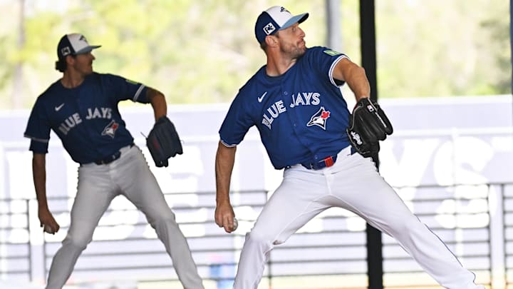 Feb 13, 2025:  Toronto Blue Jays pitcher Max Scherzer (31)  throws a pitch  during spring training at Cecil B. Englebert Complex. 