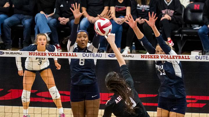 Nov 28, 2025; Lincoln, Neb, USA; Penn State Nittany Lions middle blocker Gabrielle Nichols (8) and Penn State Nittany Lions outside hitter Emmi Sellman (13) block Nebraska Cornhuskers opposite Virginia Adriano (9) during the third set at Bob Devaney Sports Center. Mandatory Credit: Dylan Widger-Imagn Images Nov 28, 2025; Lincoln, Neb, USA; Penn State Nittany Lions middle blocker Gabrielle Nichols (8) and Penn State Nittany Lions outside hitter Emmi Sellman (13) block Nebraska Cornhuskers opposite Virginia Adriano (9) during the third set at Bob Devaney Sports Center. Mandatory Credit: Dylan Widger-Imagn Images