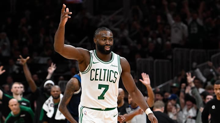 Nov 24, 2024; Boston, Massachusetts, USA; Boston Celtics guard Jaylen Brown (7) reacts to his three point basket against the Minnesota Timberwolves during the second half at TD Garden. Mandatory Credit: Eric Canha-Imagn Images