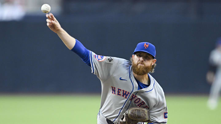 Aug 23, 2024; San Diego, California, USA; New York Mets starting pitcher Paul Blackburn (58) pitches during the first inning against the San Diego Padres at Petco Park. Mandatory Credit: Denis Poroy-Imagn Images