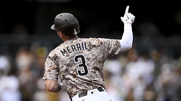 Sep 14, 2025; San Diego, California, USA; San Diego Padres center fielder Jackson Merrill (3) rounds the bases after hitting a three-run home run during the second inning against the Colorado Rockies at Petco Park. Mandatory Credit: Denis Poroy-Imagn Images