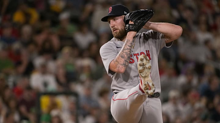 Sep 8, 2025; West Sacramento, California, USA; Boston Red Sox pitcher Garrett Crochet (35) throws a pitch against the Athletics during the fourth inning at Sutter Health Park. Mandatory Credit: Ed Szczepanski-Imagn Images