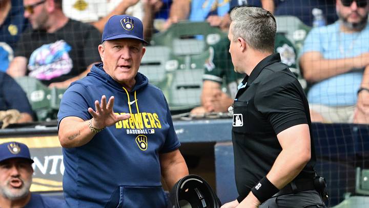 Aug 30, 2026; Milwaukee, Wisconsin, USA; Milwaukee Brewers manager Pat Murphy talks to home plate umpire Brennan Miller in the first inning against the Texas Rangers at American Family Field. Mandatory Credit: Benny Sieu-Imagn Images Aug 30, 2026; Milwaukee, Wisconsin, USA; Milwaukee Brewers manager Pat Murphy talks to home plate umpire Brennan Miller in the first inning against the Texas Rangers at American Family Field. Mandatory Credit: Benny Sieu-Imagn Images