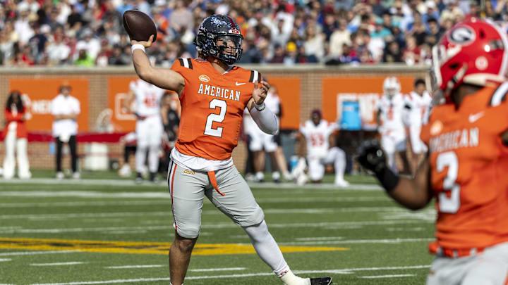 Feb 1, 2025; Mobile, AL, USA; American team quarterback Jaxson Dart of Ole Miss (2) during the first half of the 2025 Senior Bowl football game against the National team at Hancock Whitney Stadium. Mandatory Credit: Vasha Hunt-Imagn Images