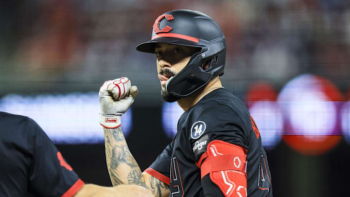 Aug 29, 2025; Cincinnati, Ohio, USA; Cincinnati Reds catcher Will Banfield (49) reacts after hitting a single in the ninth inning against the St. Louis Cardinals at Great American Ball Park. Mandatory Credit: Katie Stratman-Imagn Images