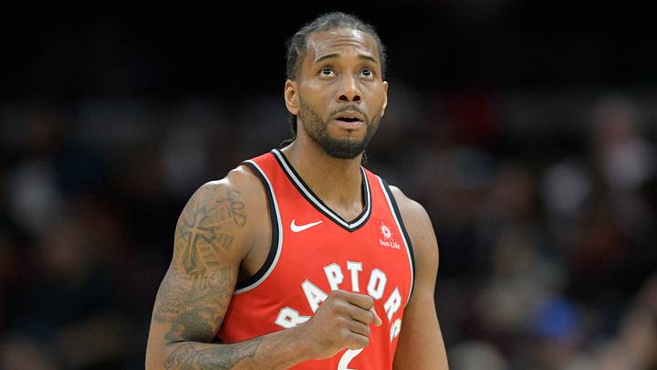 Mar 11, 2019; Cleveland, OH, USA; Toronto Raptors forward Kawhi Leonard (2) reacts in the third quarter against the Cleveland Cavaliers at Quicken Loans Arena. Mandatory Credit: David Richard-USA TODAY Sports