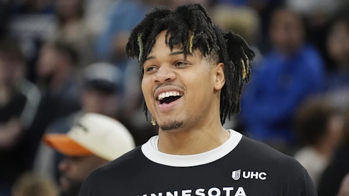 Apr 11, 2025; Minneapolis, Minnesota, USA; Minnesota Timberwolves guard Terrence Shannon Jr. (00) prepares to play the Brooklyn Nets before the game at Target Center. Mandatory Credit: Bruce Kluckhohn-Imagn Images