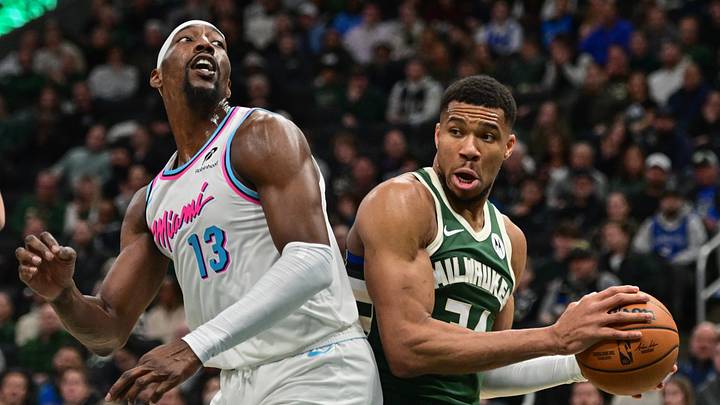 Jan 23, 2025; Milwaukee, Wisconsin, USA; Milwaukee Bucks forward Giannis Antetokounmpo (34) looks for a shot against Miami Heat center Bam Adebayo (13) in the second quarter at Fiserv Forum. Mandatory Credit: Benny Sieu-Imagn Images Jan 23, 2025; Milwaukee, Wisconsin, USA; Milwaukee Bucks forward Giannis Antetokounmpo (34) looks for a shot against Miami Heat center Bam Adebayo (13) in the second quarter at Fiserv Forum. Mandatory Credit: Benny Sieu-Imagn Images