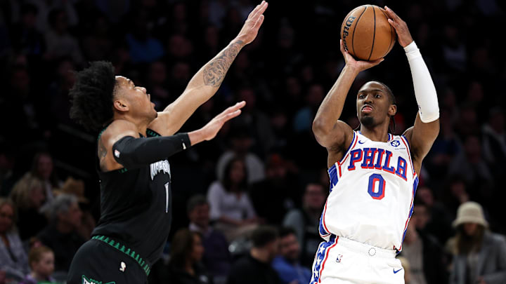 Feb 22, 2026; Minneapolis, Minnesota, USA; Philadelphia 76ers guard Tyrese Maxey (0) shoots over Minnesota Timberwolves guard Terrence Shannon Jr. (1) during the first half at Target Center. Mandatory Credit: Matt Krohn-Imagn Images Feb 22, 2026; Minneapolis, Minnesota, USA; Philadelphia 76ers guard Tyrese Maxey (0) shoots over Minnesota Timberwolves guard Terrence Shannon Jr. (1) during the first half at Target Center. Mandatory Credit: Matt Krohn-Imagn Images