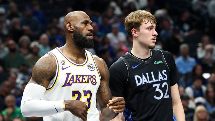 Apr 5, 2026; Dallas, Texas, USA; Los Angeles Lakers forward LeBron James (23) and Dallas Mavericks forward Cooper Flagg (32) during the first half at American Airlines Center. Mandatory Credit: Kevin Jairaj-Imagn Images Apr 5, 2026; Dallas, Texas, USA; Los Angeles Lakers forward LeBron James (23) and Dallas Mavericks forward Cooper Flagg (32) during the first half at American Airlines Center. Mandatory Credit: Kevin Jairaj-Imagn Images